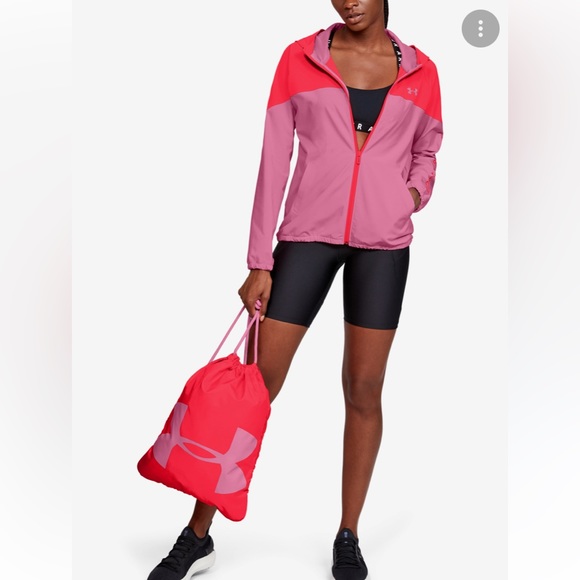 Under Armour Jacket Windbreaker Small Pink Orange Zip Up Loose Fit Hooded Pit to - Picture 5 of 13